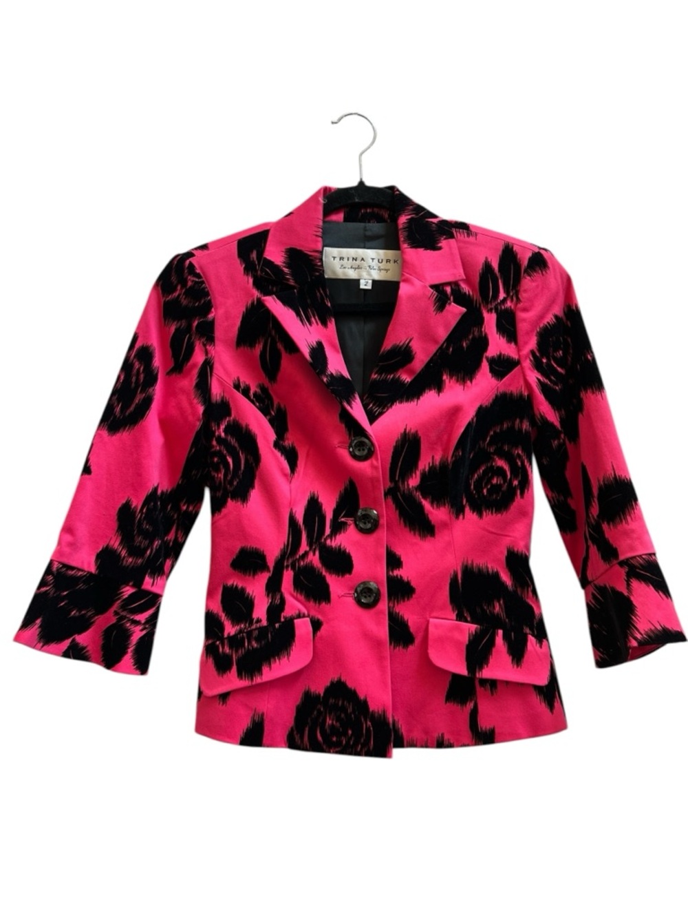 Trina Turk Sunview Pink Black Floral Blazer Statement Bold Chic Sz 2 Cocktail